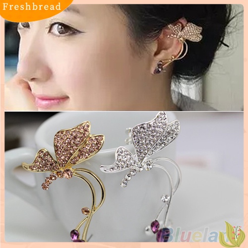 &lt; Freshbread &gt; 1Pc Stud Anting Kupu-Kupu Klip Telinga Kristal Wanita Elegan Untuk Telinga Kiri