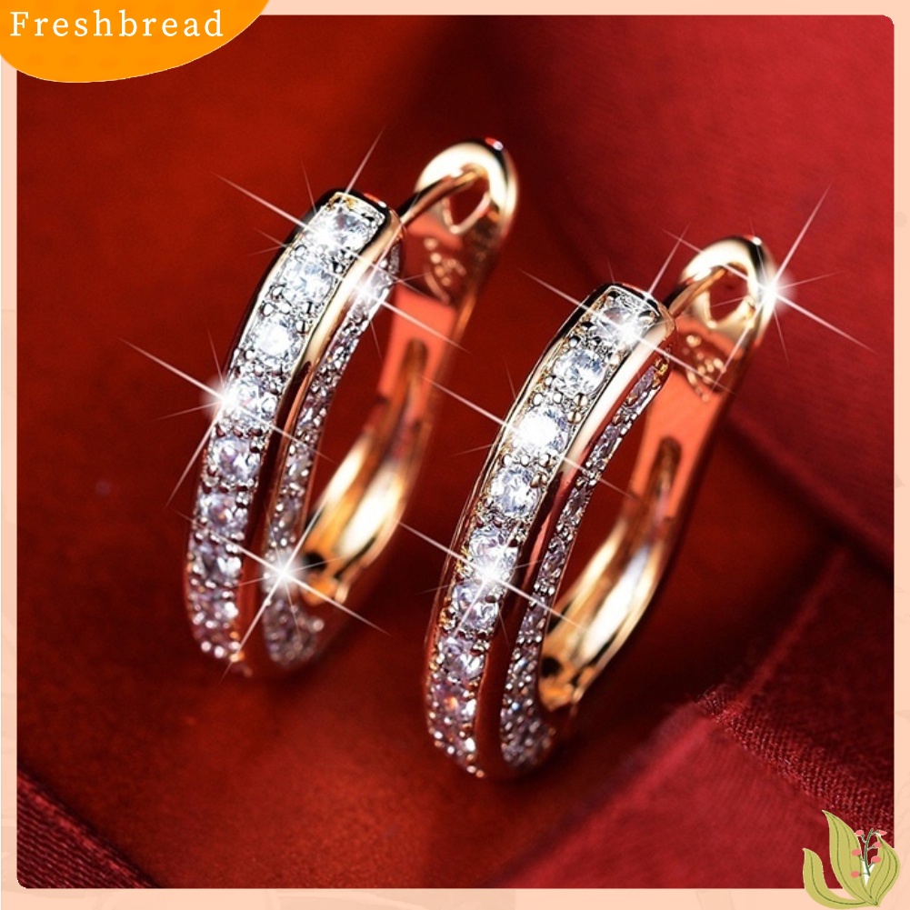 &lt; Freshbread &gt; Fashion Wanita Berlian Imitasi Penuh Hias U-Shape Huggie Earrings Pesta Perhiasan Hadiah