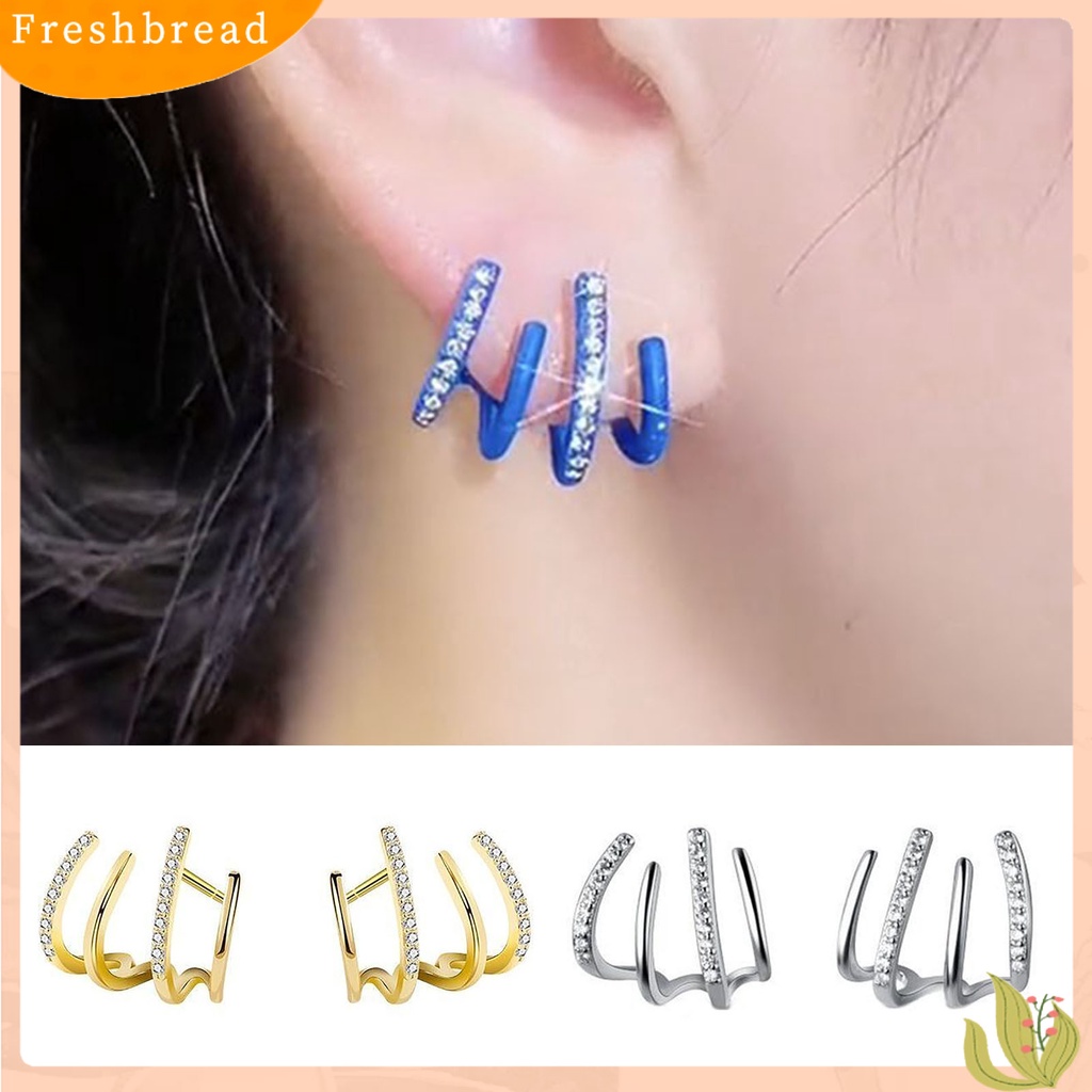 &lt; Freshbread &gt; 1pasang Berlian Imitasi Bersinar Ear Studs Pengerjaan Halus Kreatif Berbentuk U Empat Baris Wanita Anting Perhiasan Aksesoris