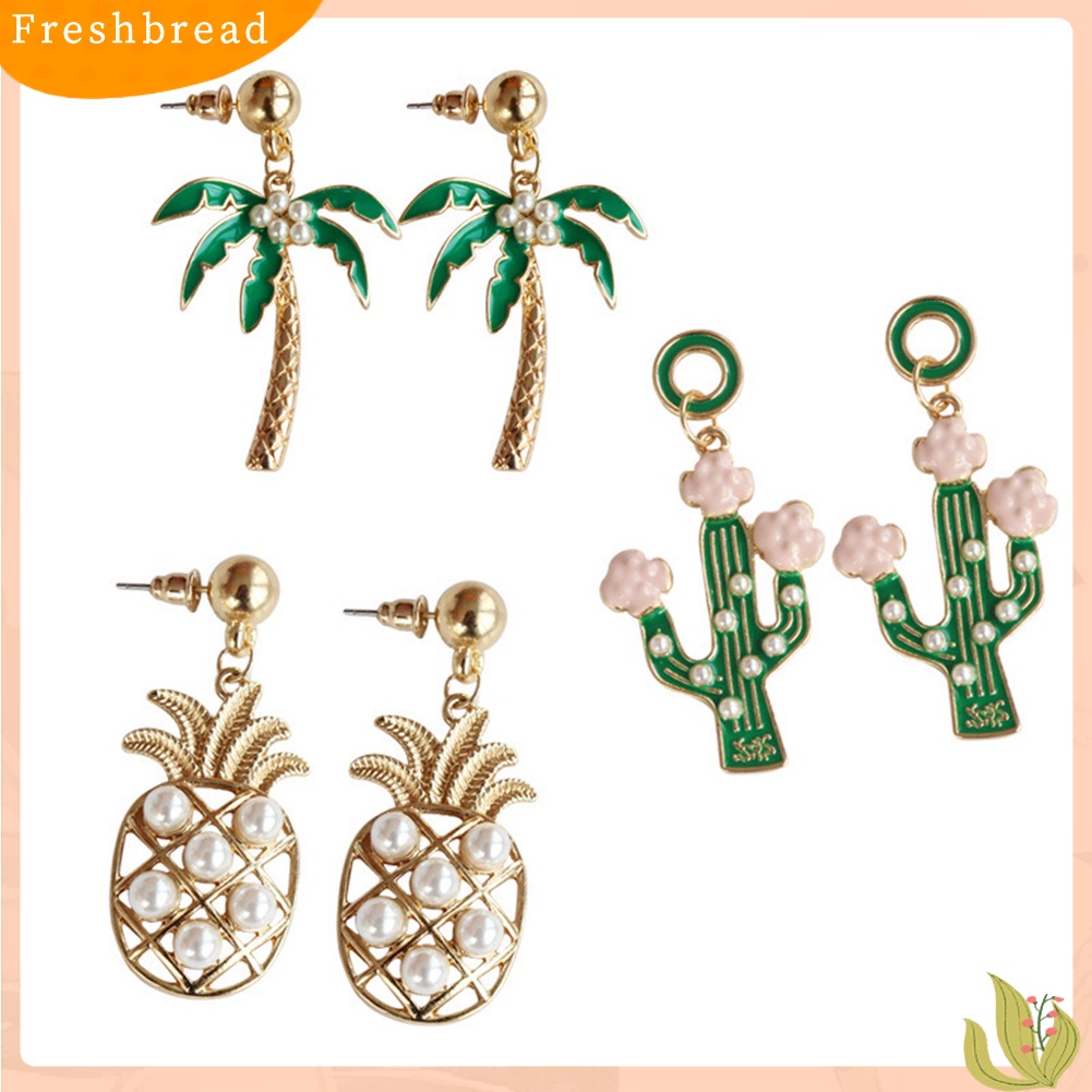 &lt; Freshbread &gt; Kartun Nanas Pohon Kelapa Kaktus Liontin Anting Wanita Ear Studs Jewelry