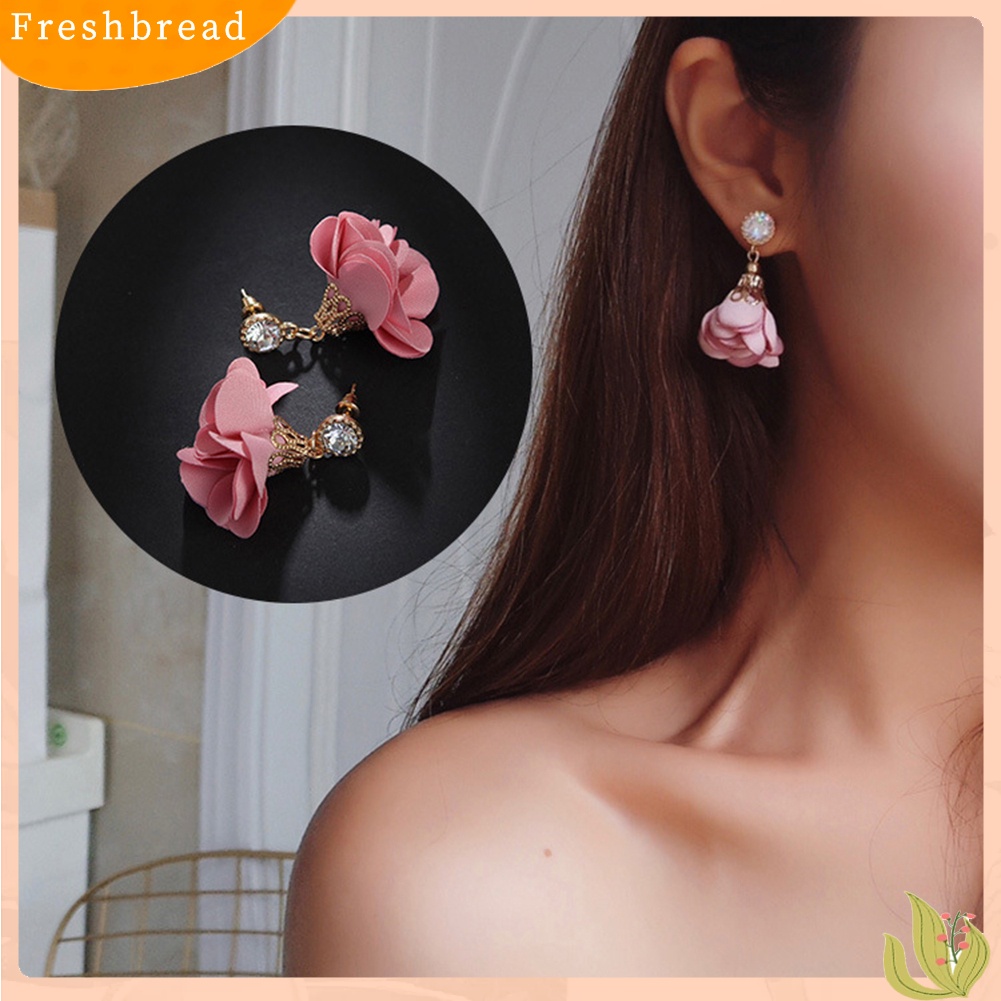 &lt; Freshbread &gt; Vintage Kain Bunga Berlian Imitasi Liontin Anting Wanita Ear Studs Dekorasi Pesta