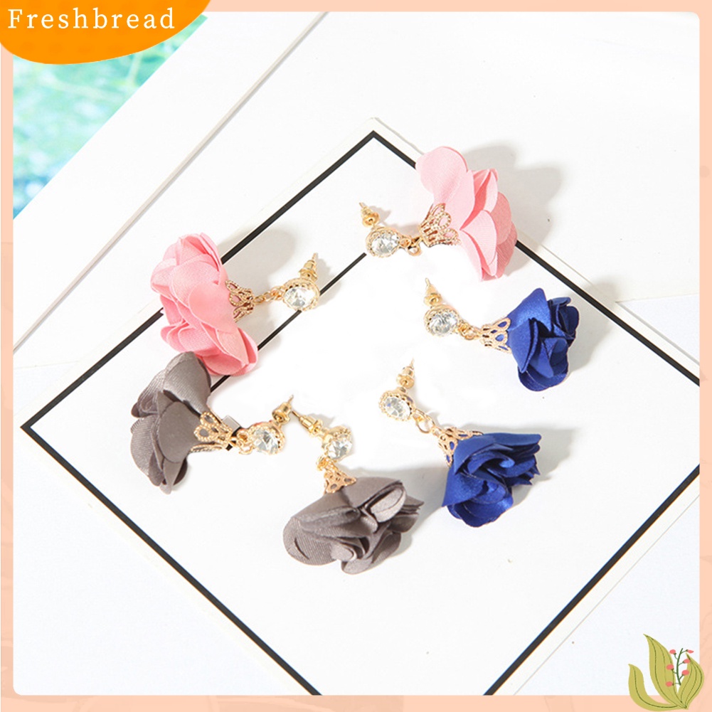 &lt; Freshbread &gt; Vintage Kain Bunga Berlian Imitasi Liontin Anting Wanita Ear Studs Dekorasi Pesta