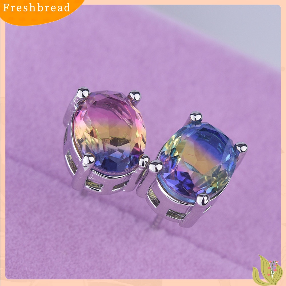 &lt; Freshbread &gt; Fashion Wanita Oval Potong Batu Permata Imitasi Hias Telinga Stud Anting Pesta Perhiasan Hadiah