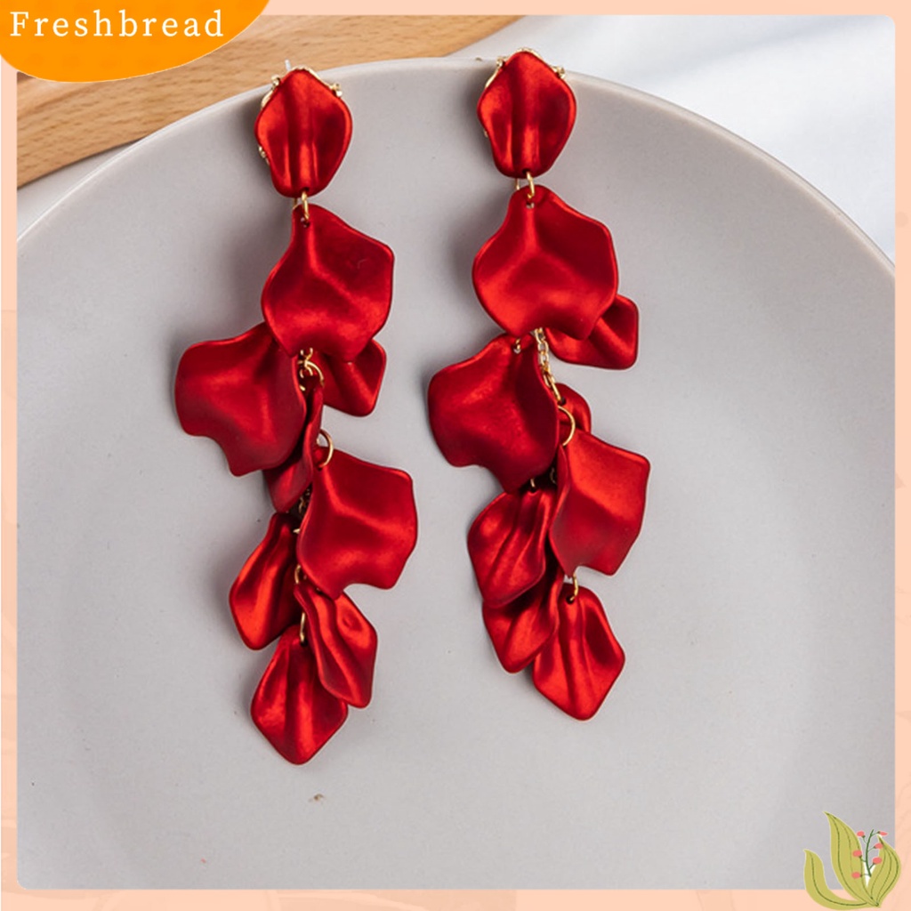 &lt; Freshbread &gt; 1pasang Bersinar Elegan Wanita Anting Ornamen Kelopak Mawar Panjang Rumbai Drop Earrings Perhiasan Aksesori