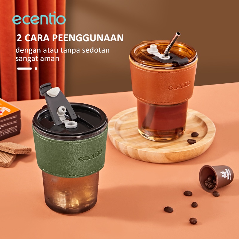 PROMO!!! ecentio Tumbler Kaca 400ml dengan Sedotan dan Tutup Gelas Kopi Tumbler Aesthetic Gelas Kaca simple elegan holder kulit classic Water Bottle Cup for Coffee