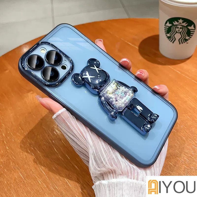 IPHONE Rotatable Violent Bear Lipat Stand Phone Holder Handphone Case Kompatibel Untuk Iphone14 12 13 11 Pro Max Silikon Mewah [Dengan Lensa Film] Transparan Lembut Shockproof Phone Case