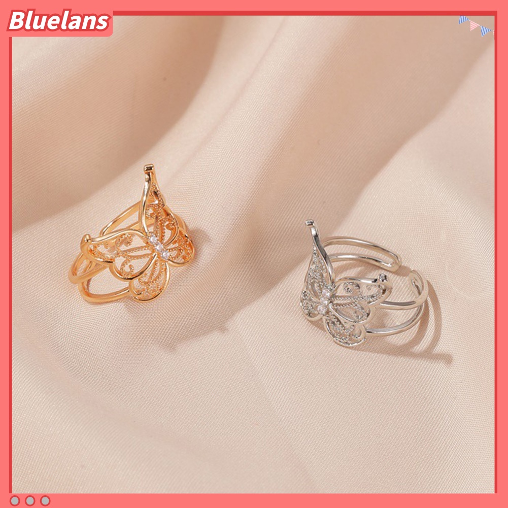 {In Stock} Fashion Wanita Berongga Kupu-Kupu Berlian Imitasi Pembukaan Lebar Jari Cincin Perhiasan Pesta
