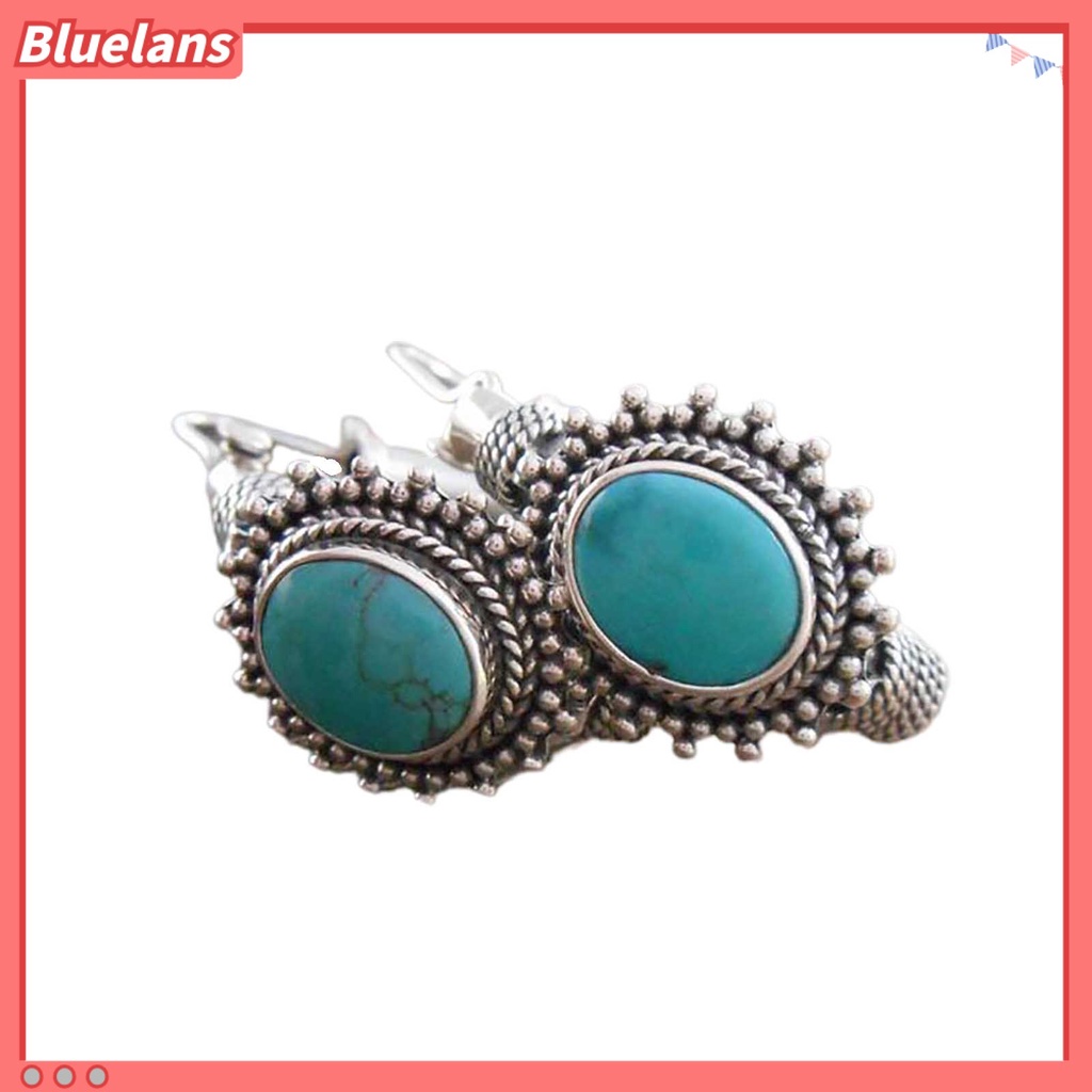 {In Stock} 1pasang Anting Hoop Tindik Oval Ukir Unik Biru Turquoise Bohemia Retro Earrings Aksesoris Perhiasan