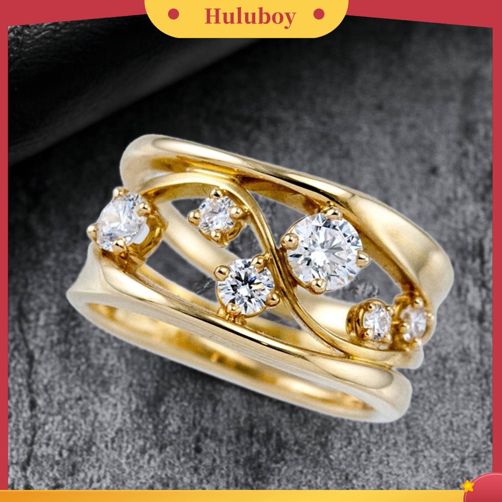 {Ready Stock} Cincin Jari Wanita Anti Tarnish Hollow Garis Bergelombang Geometris Cubic Zirconia Ring Untuk Tunangan