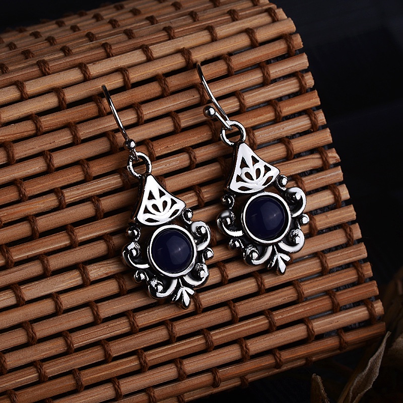 Goldkingdom Aksesoris Perhiasan Fashion Ready Stock Bertatahkan Safir Anting Bunga Vintage Berlapis Thai Silver Anting Hitam