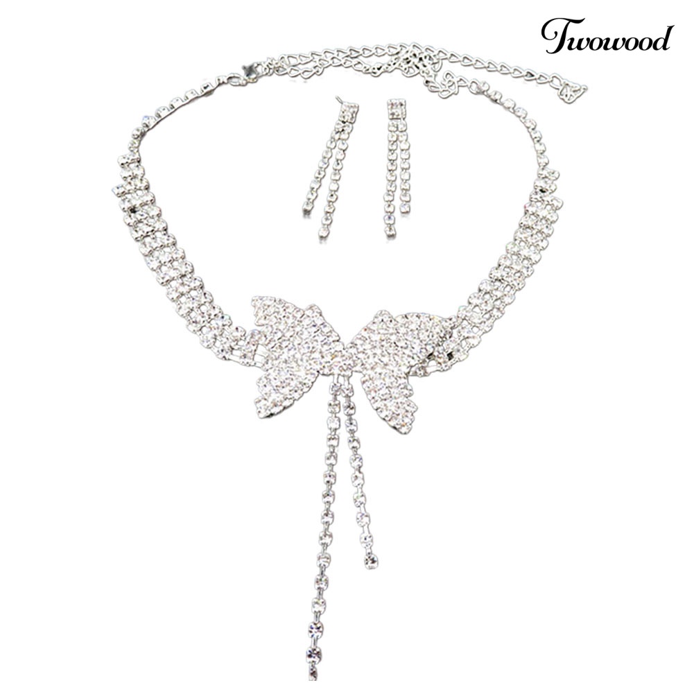 Twowood Wanita Full Berlian Imitasi Kupu-Kupu Panjang Liontin Stud Anting Kalung Set Perhiasan