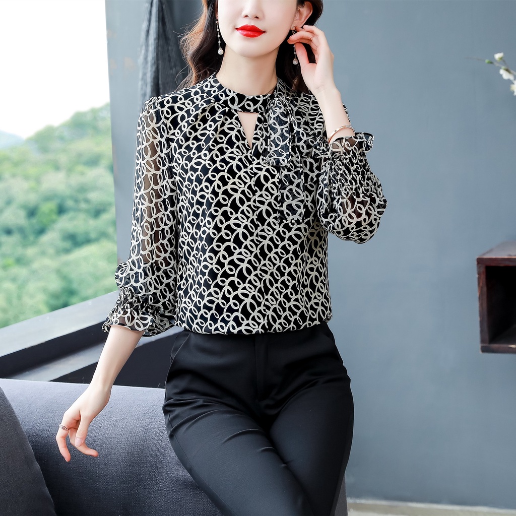 COD New Fashion Korean Geometric Patterns High Quality Chiffon Fabric Black Long Sleeve Blouse Blus Lengan Panjang Hitam Sifon Korea