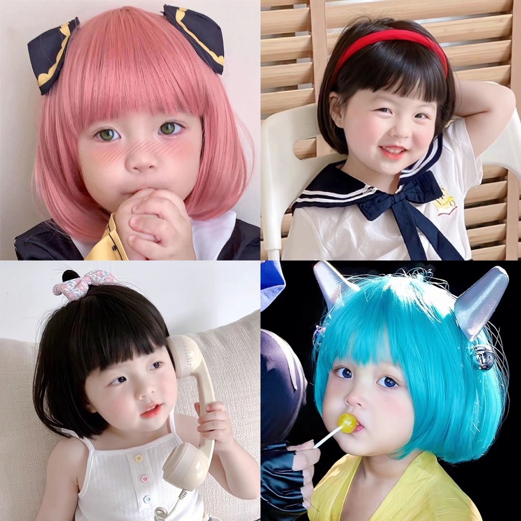 Wig Rambut BOBO Pendek Lurus Warna Pink Muda Gaya Korea Untuk Anak BOBO rambut palsu anak anak wig buat bayi