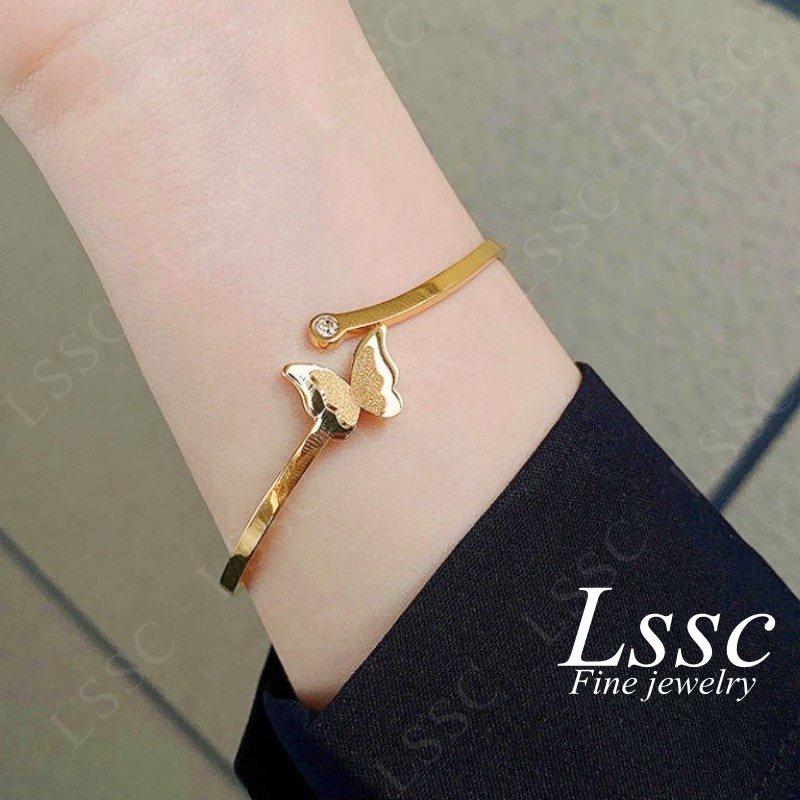Gelang Titanium Wanita Anti Karat Kupu Kupu Cantik Emas 18K Dewasa Bangle Aksesoris Perhiasan Fashion Korea