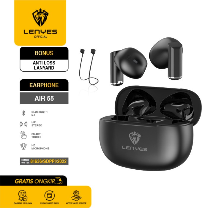 LENYES TWS Earphone Air 55 True Wireless Touch Hi-Fi Sound Bluetooth - Putih headset handsfree earbud rechargeable stereo in ear mini