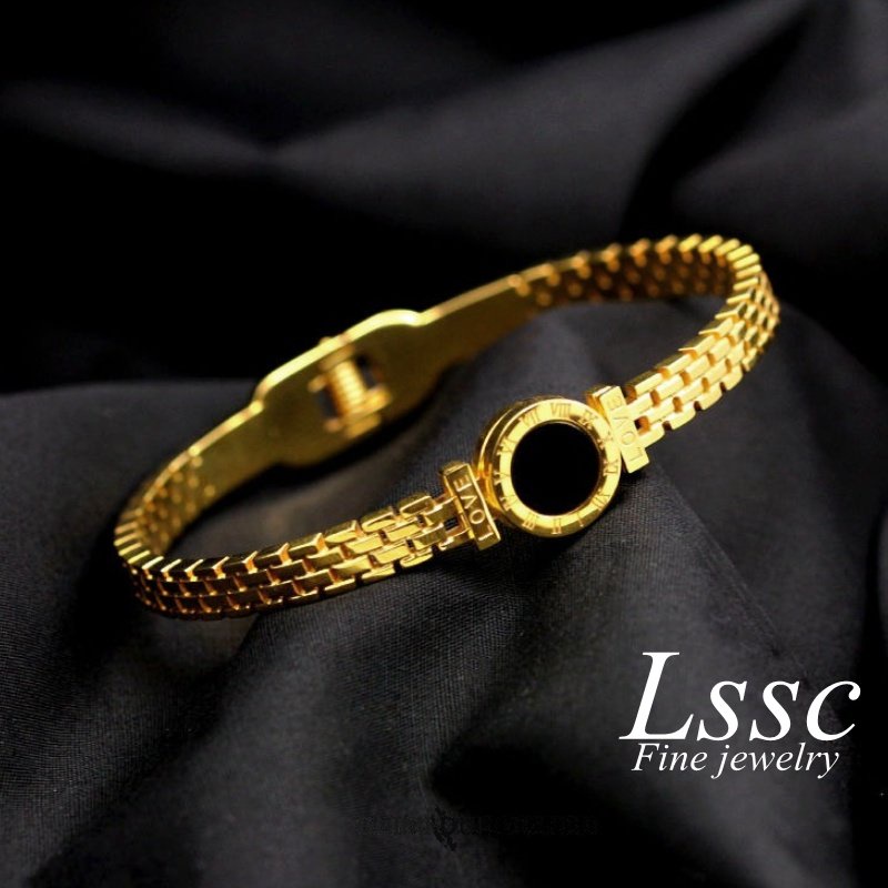 Gelang Titanium Wanita Anti Karat Bulat Hitam Romawi Emas 18K Fashion Korea Bangle Aksesoris Perhiasan