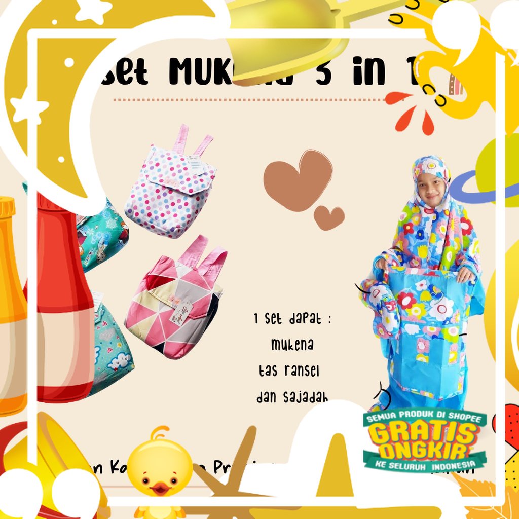 MUKENA ANAK RANSEL DAN SAJADAH USIA 2-8th / MUKENA ANAK PEREMPUAN / RUKUH ANAK / SET MUKENA ANAK/ Tr