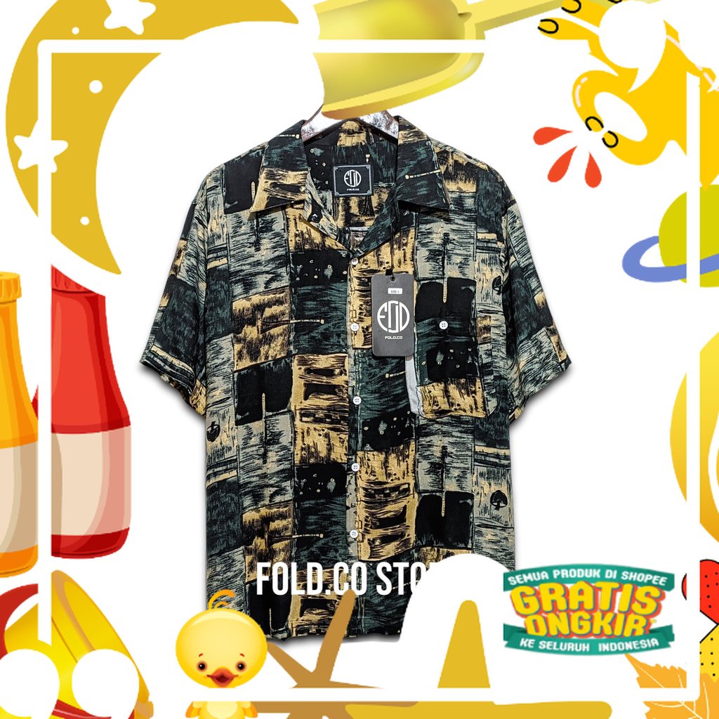 Kemeja Pria Distro Fold.co Vintage Lengan Pendek V-Neck Kasual Jumbo Motif Abstrak Retro Hawai Korea