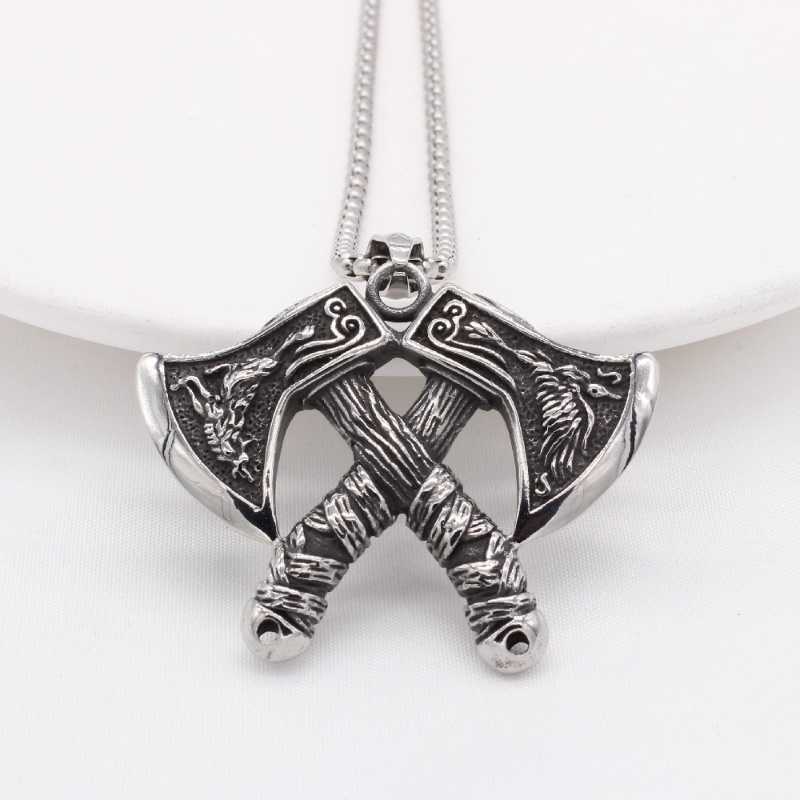 [X C Kalung] Pria Kalung Viking Tomahawk Baja Titanium Liontin Hip Hop Punk Gothic Vintage Fashion Perhiasan Aksesoris