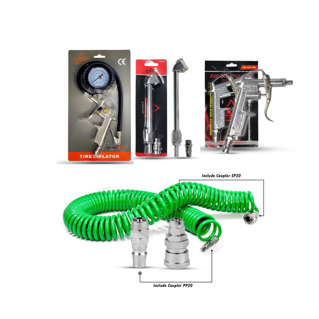 PAKET KOMPRESOR 4IN1!!GNT Alat Pengisi Angin 3 In 1 Tire Pressure Gauge Kit 200 PSI&amp;Orange Tembakan Angin Air Duster GUN DG1-3 Kompresor&amp;Iwa Air Tire Chuck - Alat Pengisi Isi Angin Ban&amp;Yukido Selang PU Recoil Hose Selang Compressor Sepiral 12/9/6Meter