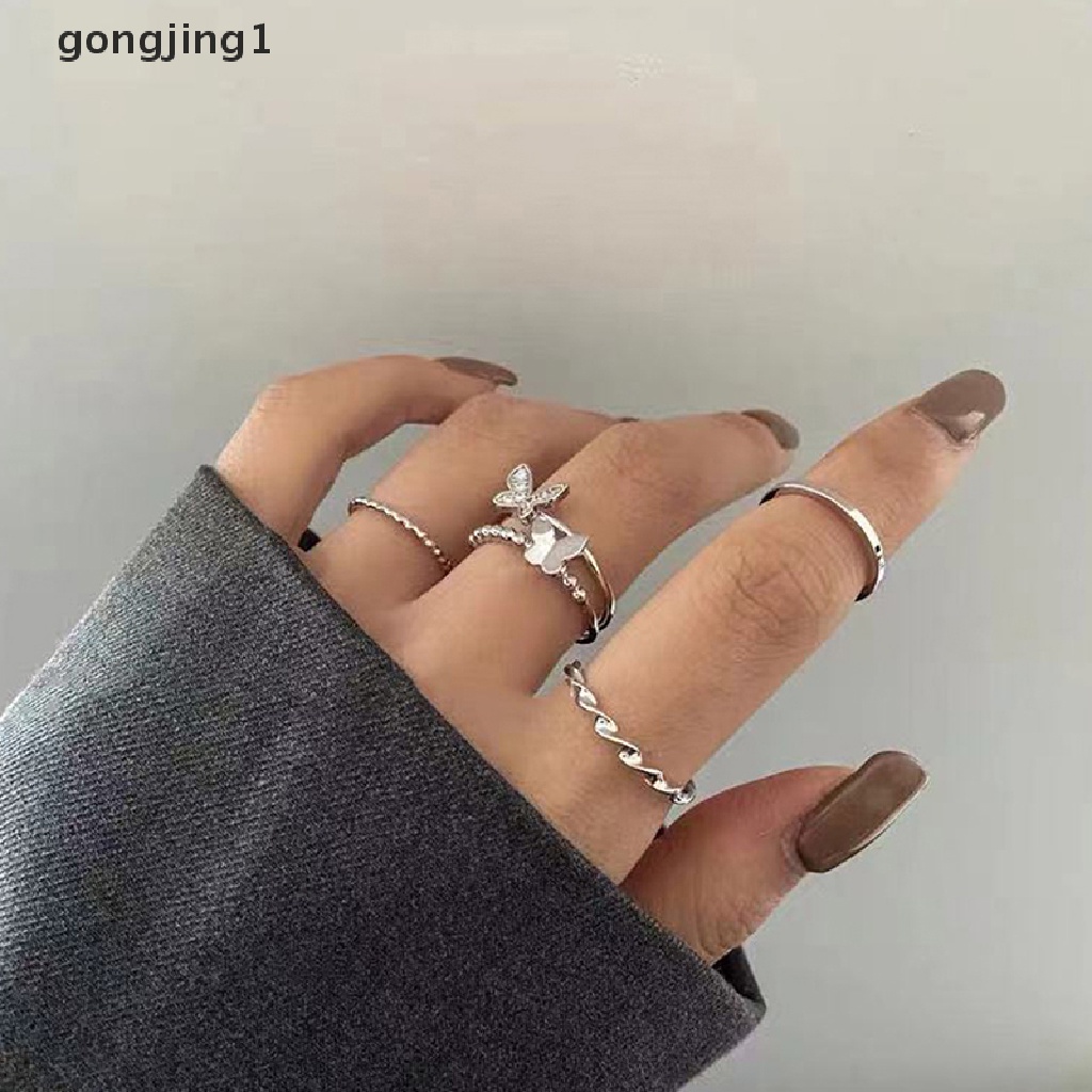 Ggg 3Pcs/4Pcs Hip Hop Punk Terbuka Dapat Disesuaikan Cincin Set Wanita Cincin Kupu-Kupu Logam Jari Cincin ID