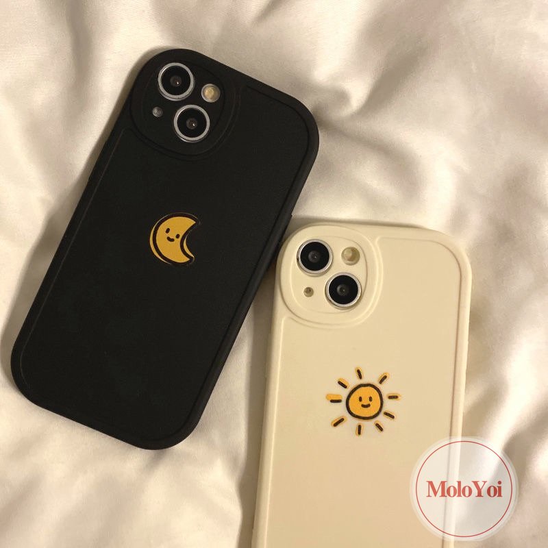 IPHONE Case Warna Solid Sederhana Kompatibel Untuk Iphone11 7 8 Plus 12 14 13 Pro MAX 6 6s 14 Plus XR X XS MAX SE 2020 Pasangan Bulan Matahari Penuh Pelindung Lembut Ponsel Cover