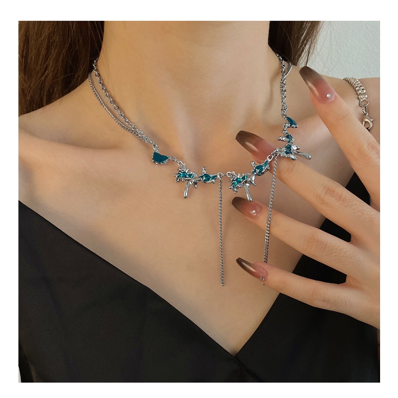 Gletser Laut Biru Rumbai Kalung Cinta Pin Desain Kecil Blok Hitam Splice Starlight Cross Necklace Perempuan