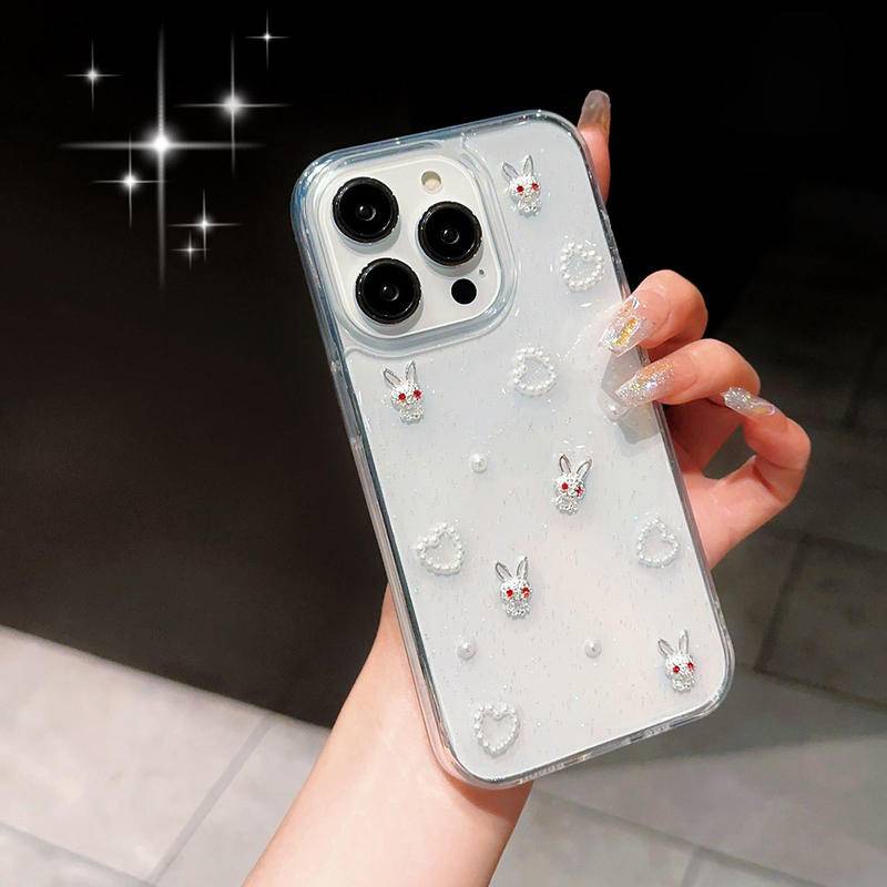 Casing Ponsel Epoxy Kartun Kelinci Untuk Iphone14 13 12 11 Pro MAX Plus Mutiara Mini Love Bening Silikon Soft Cover Untuk iPhone X XS MAX XR 7 8 Plus SE 2022 2020 14Plus 13Mini 12Mini
