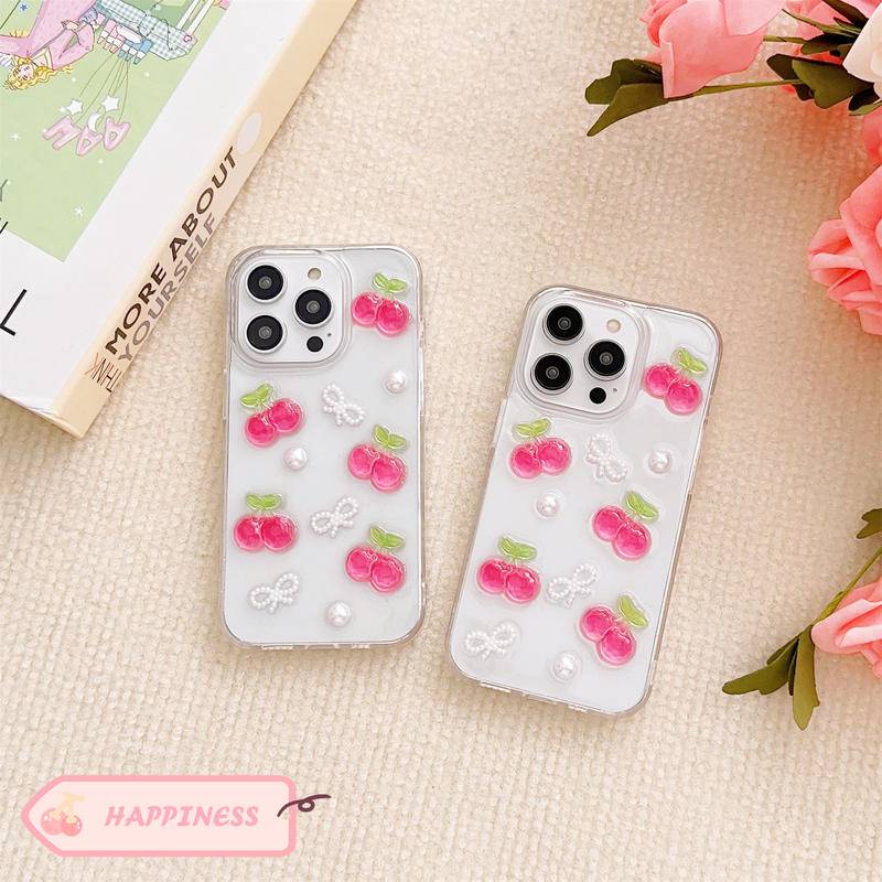 Cute Drop Glue Acrylic Full Screen Cherry Casing Transparan Untuk Iphone14 13 12 11 Pro MAX Plus Mini Shockproof Clear Cover Untuk iPhone X XS MAX XR 7 8 Plus SE 2022 2020