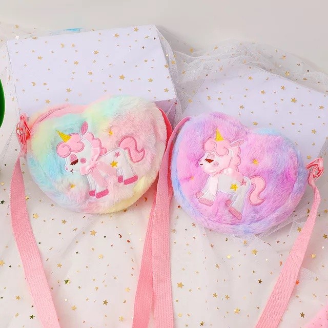 Tas Selempang Unicorn Anak Bulu Halus Sling Bag Bundar Love Cewek