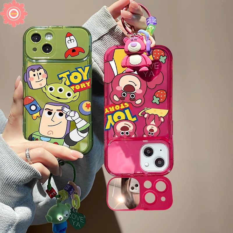 IPHONE Kartun Toy Story Flip Make Up Mirror Case Kompatibel Untuk Iphone11 12 13 14 Pro MAX XR 7 8 14 Plus X XS MAX SE Strawberry Bear Buzz Lightyear Alien Shockproof Case Dengan Gelang