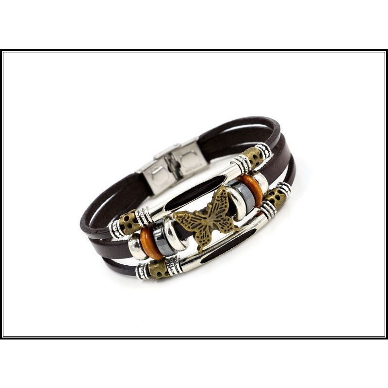 [X C Gelang] Baru Kupu-Kupu Gelang Stainless Steel Hitam Kulit Vintage Hip Hop Punk Gelang Kulit Lengan Manik-Manik Multi Layer Zinc Alloy Anyaman Gelang