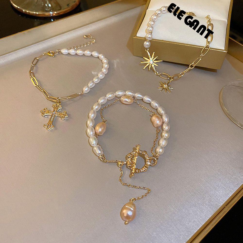 [Elegan] Mutiara Gelang Temperamen Minoritas Sederhana Patchwork Cross OT Gesper Bunga Matahari Baroque Perhiasan Gaya Korea