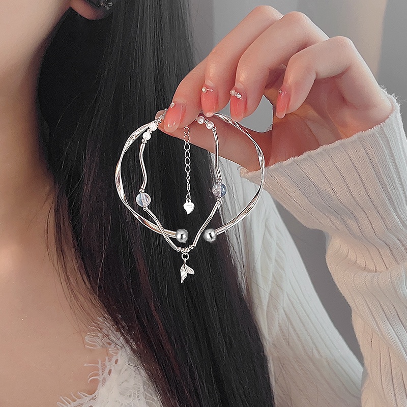 Papaozhu Musim Panas S925 Perak Manik-Manik Mutiara Manis Fishtail Gelang Untuk Wanita Perempuan Trendi Memutar Geometris Manset Gelang All-match Rantai Pergelangan Tangan Aksesoris Harian