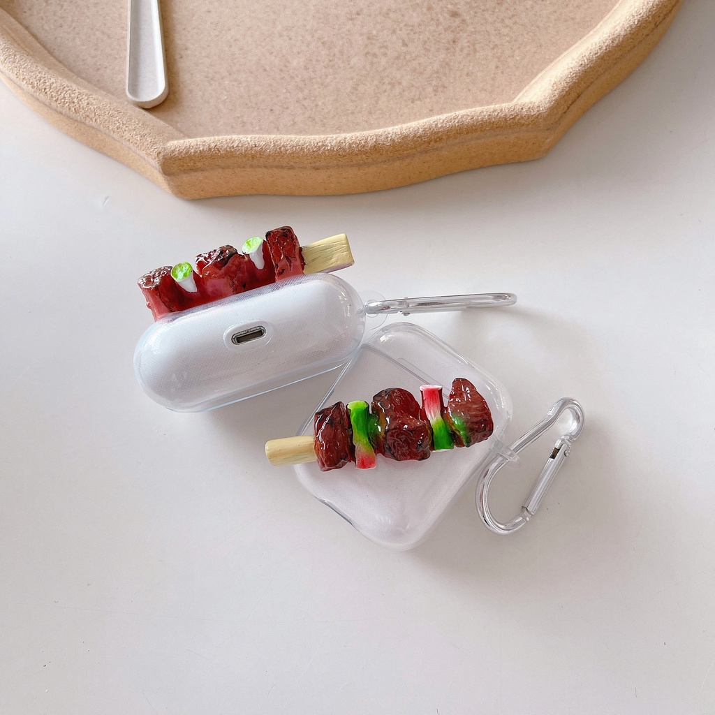 Makanan Imitasi 3D Barbeque Bakso Lucu Bluetooth Earphone Penutup Pelindung TWS Case Transparan Untuk Airpods1 2 3 PRO Airpods3