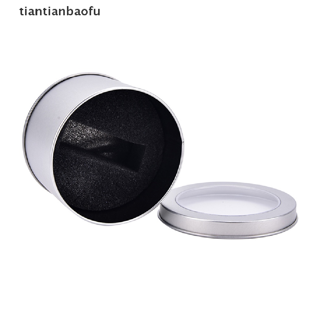 [tiantianbaofu] Kotak Jam Tangan Perhiasan Logam Bulat Silver Display Case Dengan Bantalan Watch Box Holder Butik