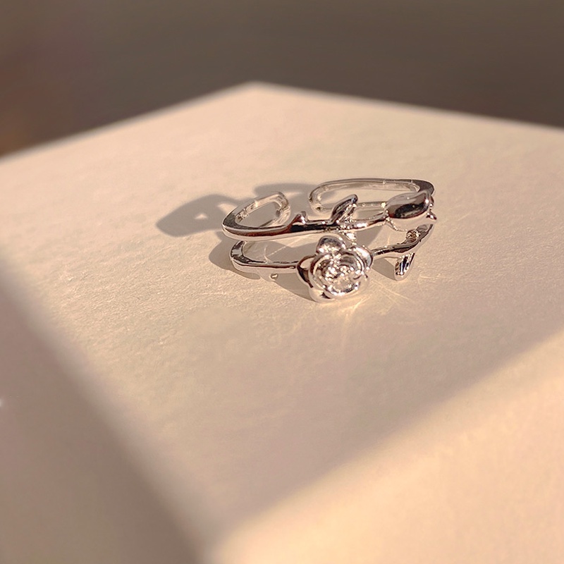 Papaozhu Trendi Ganda Mawar Perak Terbuka Cincin Untuk Wanita Perempuan Elegan Bunga Buku Jari Cincin Kreatif Aksesoris Pakaian Sehari-Hari