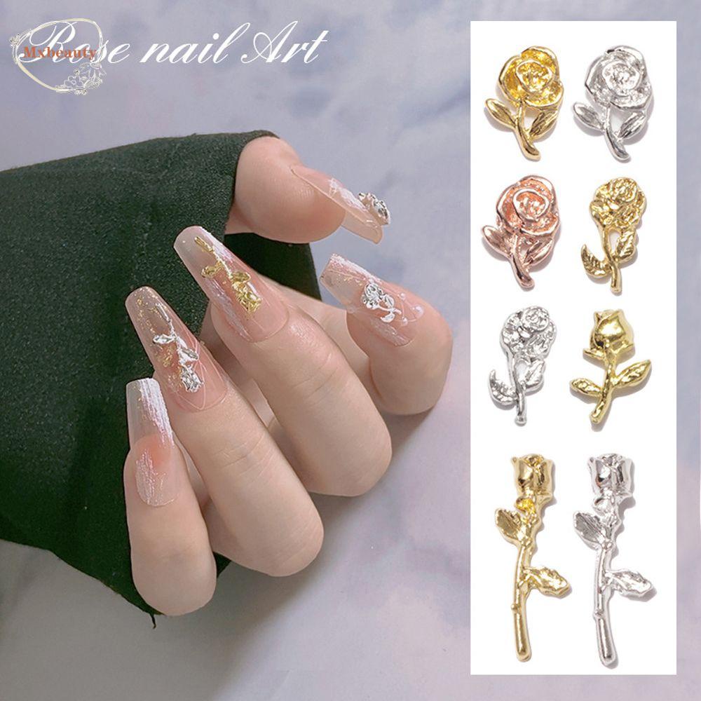 Mxbeauty Bunga Kuku Dekorasi Charms Glitter Elegan Warna Emas Perak Flowers Bling 3D Manicure Accessoires