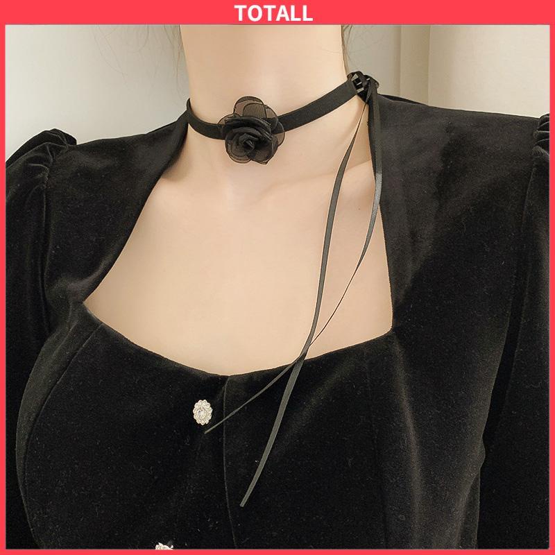 COD Waktu Seksi Choker Kerah Perhiasan Retro-Hitam Renda Camellia Kalung Pesta Makan Malam Neck-Band Wanita Fashion Adjustable Neckl-Totall