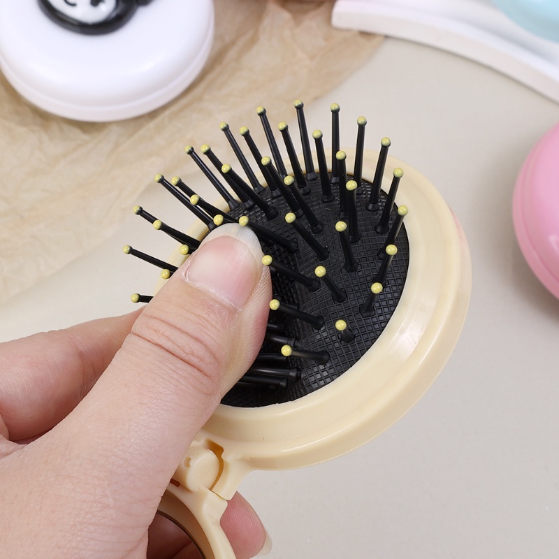 Sisir Bantal Udara Melingkar Kartun Dengan Cermin/Sikat Rambut Lipat Mini Portable/Sisir Airbag Pijat Lucu/Perlengkapan Travel Alat Styling Rambut
