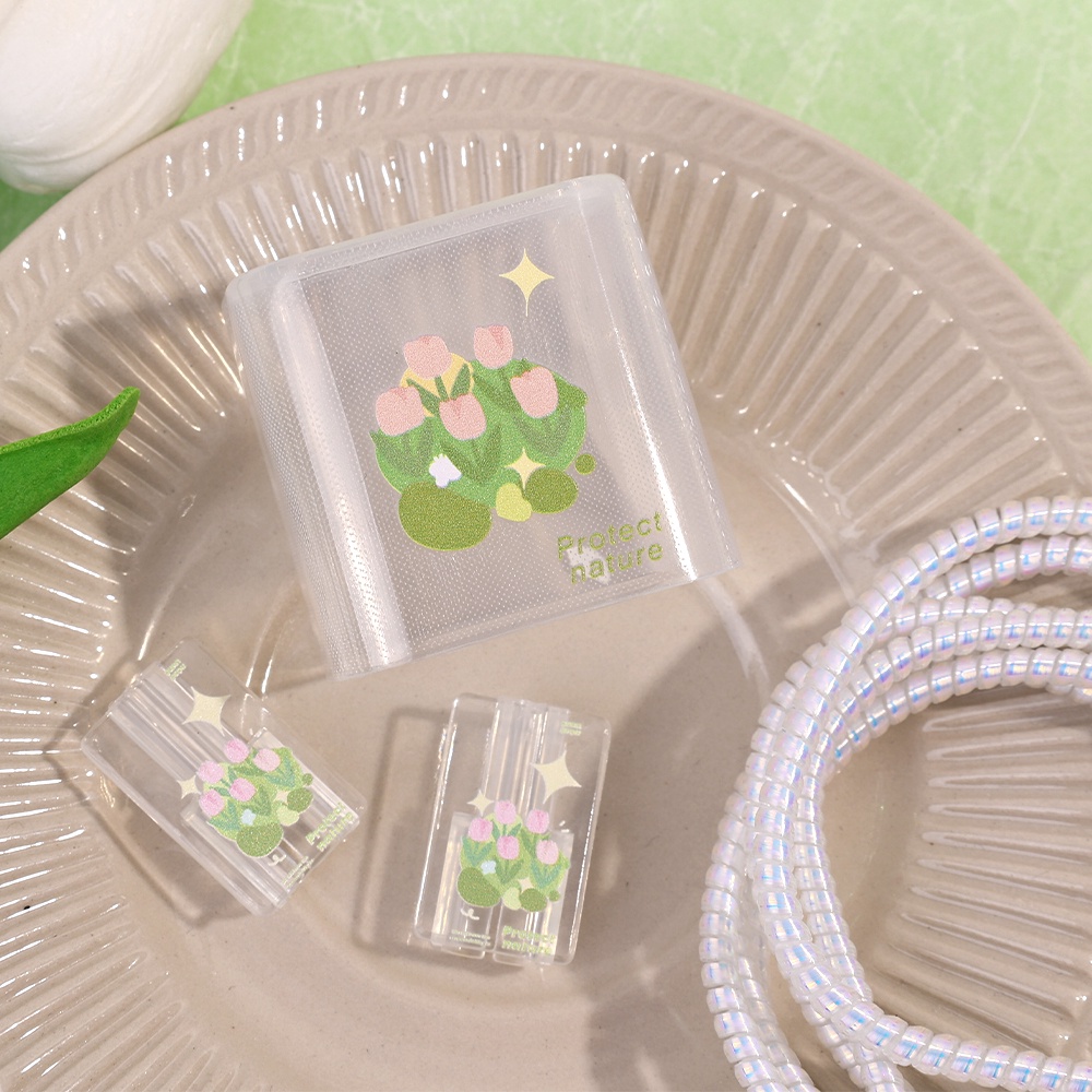 Kartun Lucu Tulip TPU Set Pelindung Kayu Manis Kuromi Doraemon Charger Pelindung Case Dengan Charging Cable Clip Cable Organiser Winder Kompatibel Untuk iPhone Adaptor 18W 20W