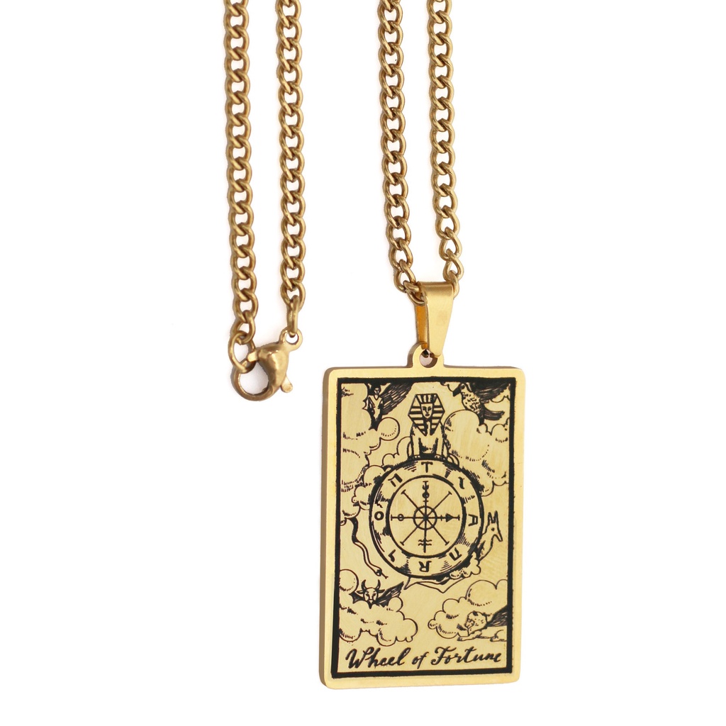 Z H Perhiasan Emas 18K 24K Gold S925 Perak Vintage Punk Alcana Tarot Liontin Fashion Pria Dan Wanita Anti Karat Roda Takdir Kalung Hip Hop Aksesoris Pesta