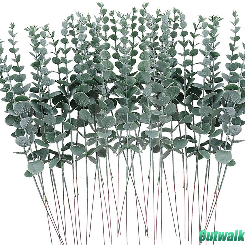 Bouquet Daun Kayu Putih Buatan Hijau Cabang Tanaman Palsu Diy Buket Pengantin Bunga Palsu Batang Hijau dengan Beku untuk Vas Dekorasi Rumah