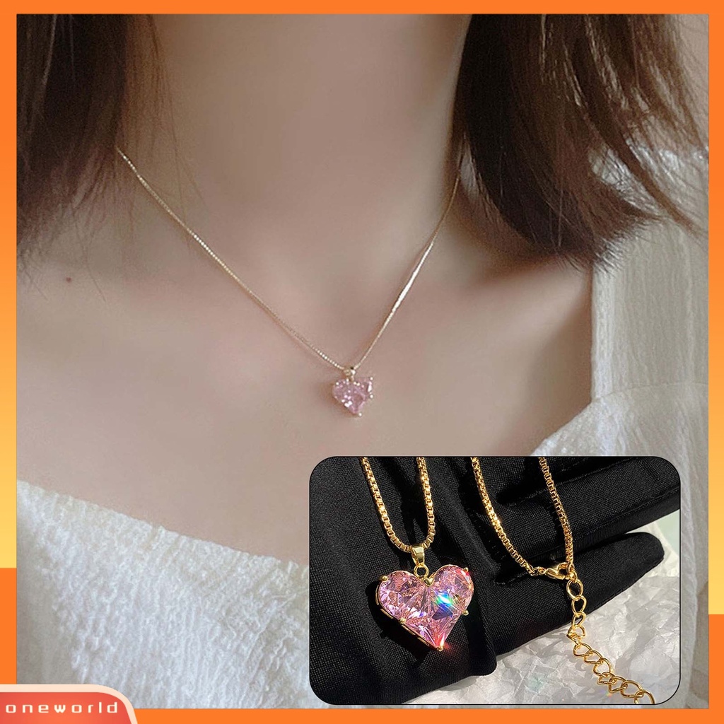[ONE] Ladies Kalung Cubic Zirconia Bersinar Bentuk Geometris Menawan Tahan Aus Dress Up Hypoallergenic Merah Muda Bentuk Hati Liontin Kalung Perhiasan Aksesori