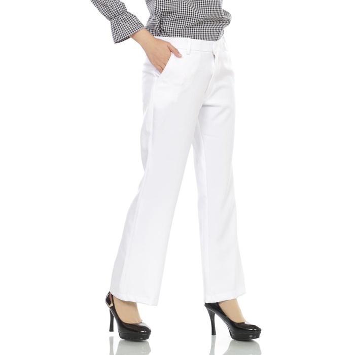 Celana Jumbo Kerja cutbray Wanita Panjang, Celana Bahan Kantor Formal - Putih, XL