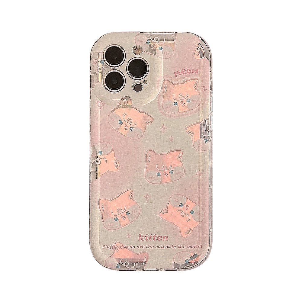 IPHONE Korea Cute Pink Cat Kartun Silikon Case Dengan Kartu Laser Untuk Iphone14 11 12 13 PRO MAX Casing Cover Pelindung AT0242