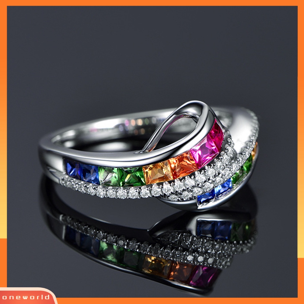 [EONE] Wanita Cincin Berlian Imitasi Mengkilap Hias Berkilau Geometris Electroplating Dekorasi Hadiah Rainbow Berwarna Faux Gemstone Party Ring Jewelry Untuk Pacaran