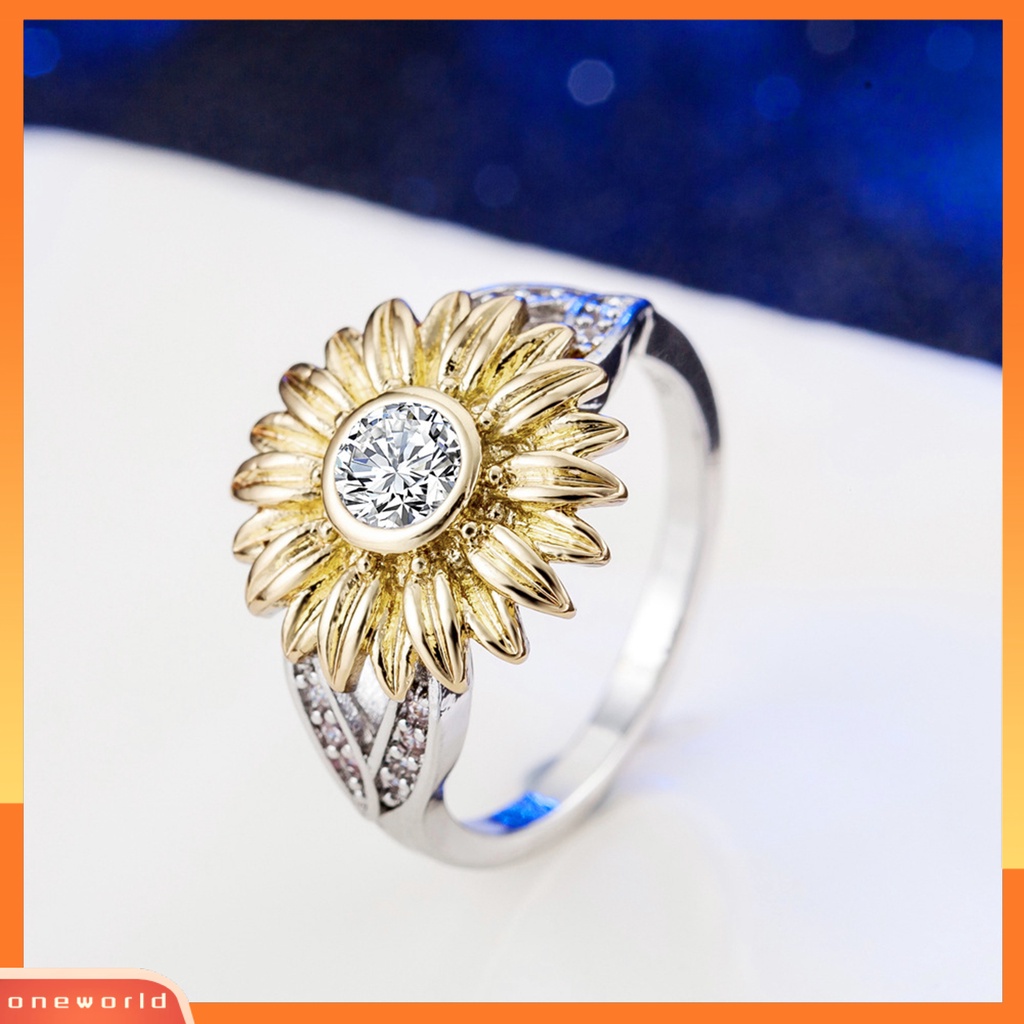 [EONE] Berlian Imitasi Cincin Mengkilap Berlapis Emas Bunga Matahari Paduan Cincin Temperamen Perhiasan Aksesoris Wanita Elegan Jari Cincin Indah Perhiasan Hadiah Untuk Hari Valentine