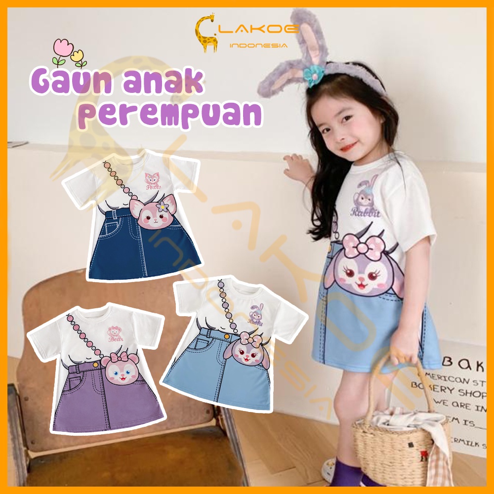 Lakoe Gaun anak perempuan 1-9Tahun Dress baju anak  rok kasual /rok denim dua potong palsu anak