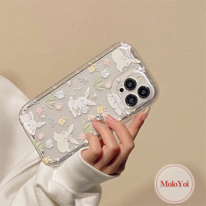 IPHONE Lucu Kartun Kelinci Cover Kompatibel Untuk Iphone11 7Plus 8Plus XR 14 13 12 Pro MAX 6 6S Plus X XS MAX Ins Fresh Flower Airbag Shockproof Transparan Tpu Soft Phone Shell Case